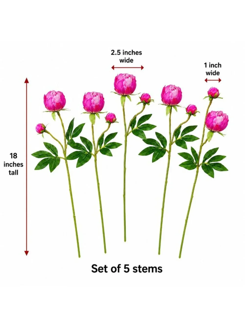 Hot Pink Artificial Peony Stems Set of 5 Faux Silk Peonies With Buds Wedding Boq